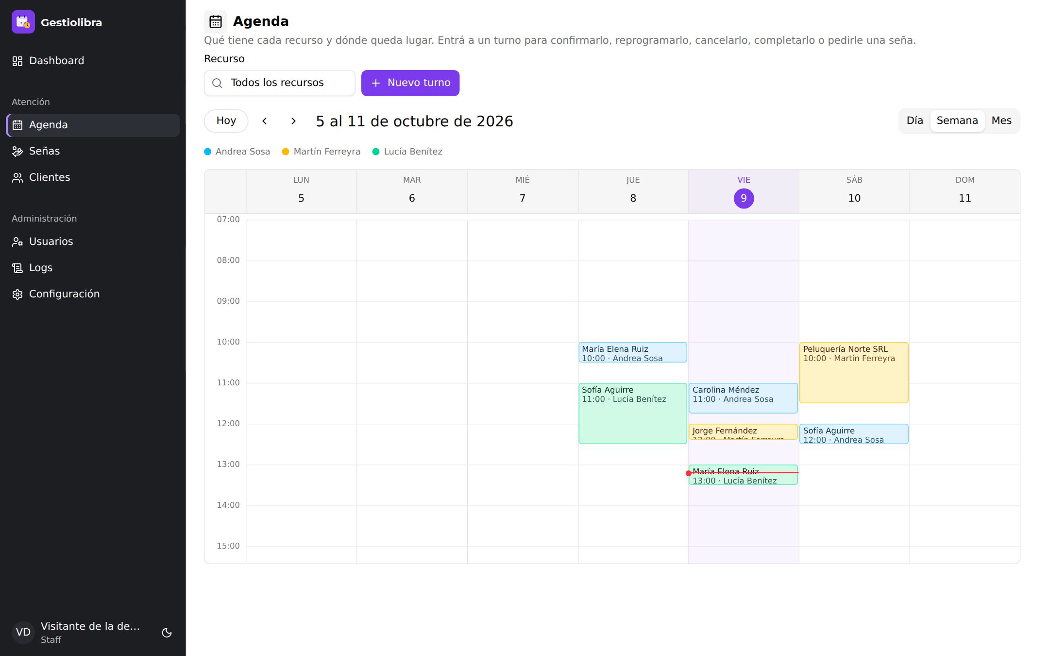 Agenda semanal de Gestiolibra: turnos de cada cliente por día y hora, con un color por recurso